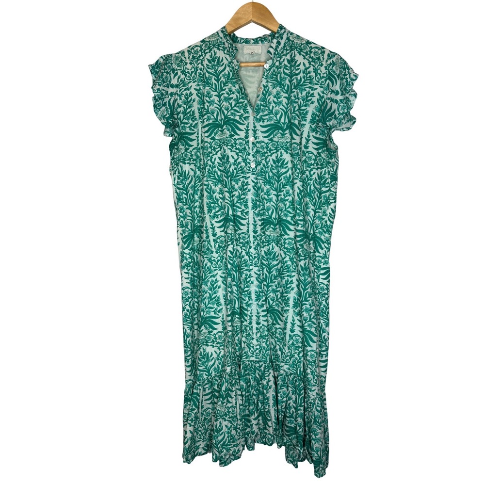 Darlington Isle Green White Botanical Block Print Cotton Midi Dress Womens M